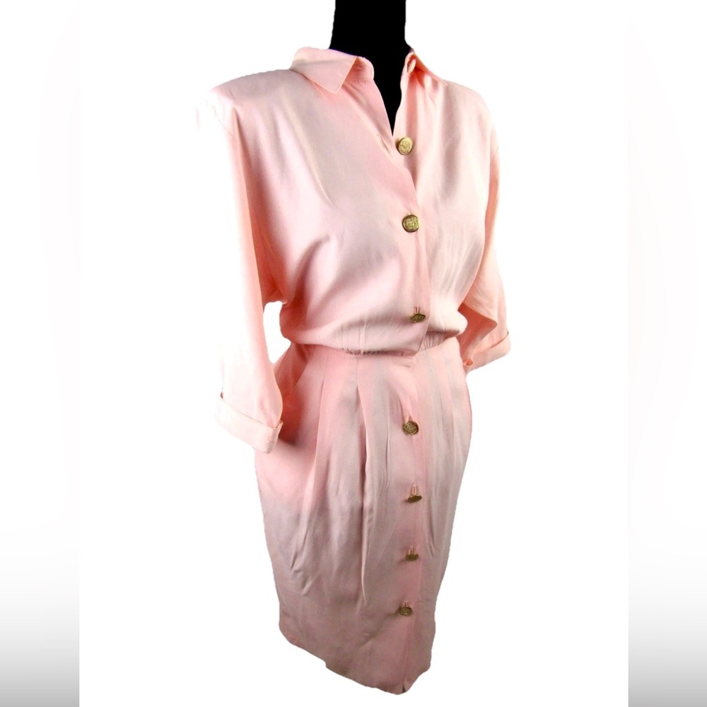 Nina Piccalino Vintage Pink Gold Button Valley Girl Pocket Shirt Dress